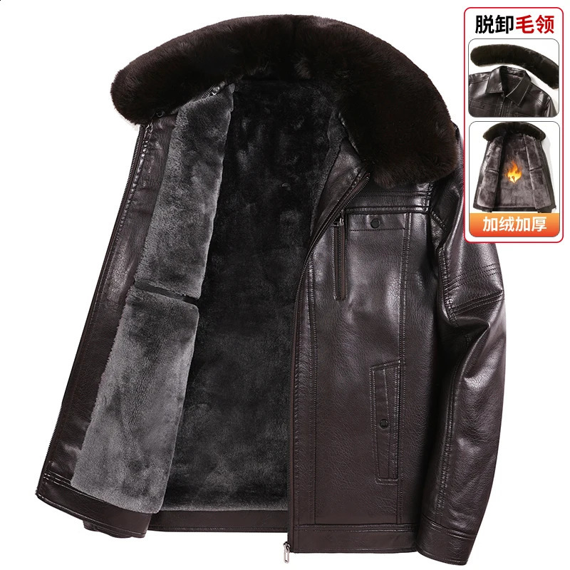 Middleaged and Elderly Mens Leather Jacket with Fleece Lining Thickened Winter Coat for Dad Fur Collar Elderly Mens Wi 251023