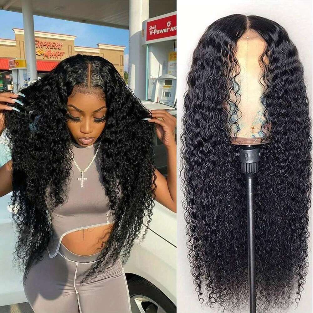 Human Front Wig Deep Wave 4x4 Lace Closure HD Transparent Wigs for Women 180% Density Brazilian Virgin Pre Plucked with Baby Hair Natural Black Color