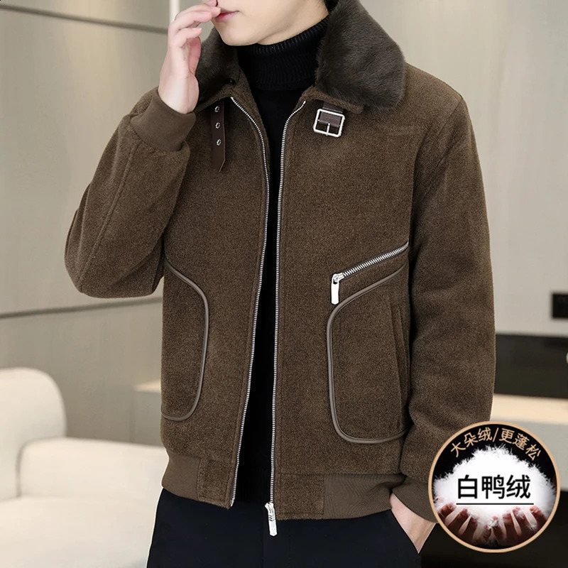 HighQuality Mens Short Woolen Puffer Coats Winter Detachable Fur Collar Warm White Duck Down Jacket Casual Thicken Parkas 251020