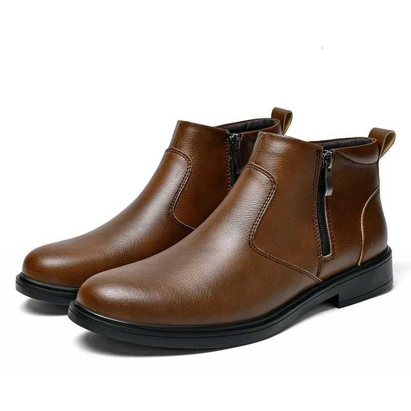 Fashion Brogue Chelsea Men Boots Classical Style Leather Ankle Boots Genuine Leather Mens Winter Plush Snow Botas Walking Shoes W251024