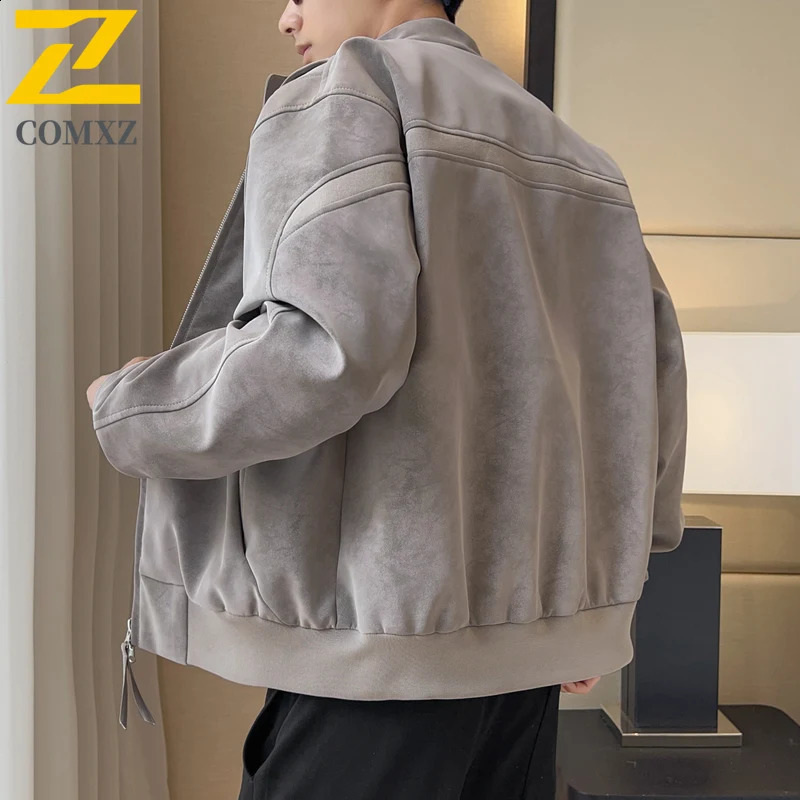 COMXZ Men Suede Jacket Lightweight American Trendy Comfort Leather Jacket Casual Stand Collar Daily Windproof Autumn Clothing 251023