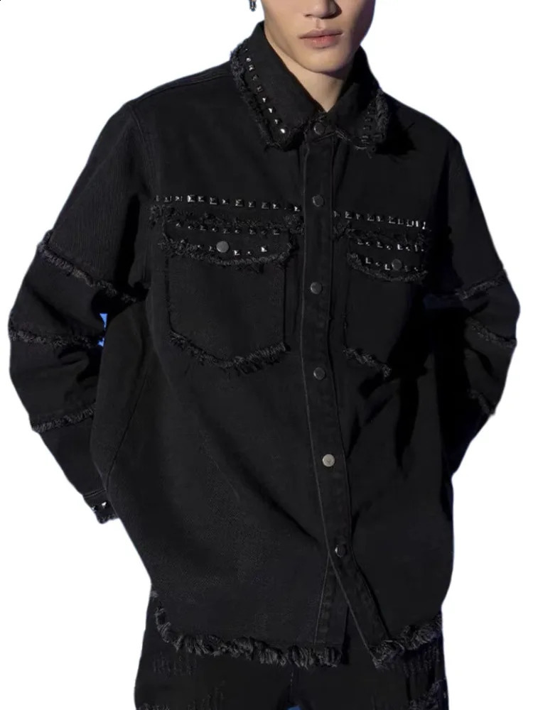 High Quality Metal Punk Rivet Denim Jacket For Men Women Spring Autumn Button Short Lapel Wild Casual Shirts Coat 251017