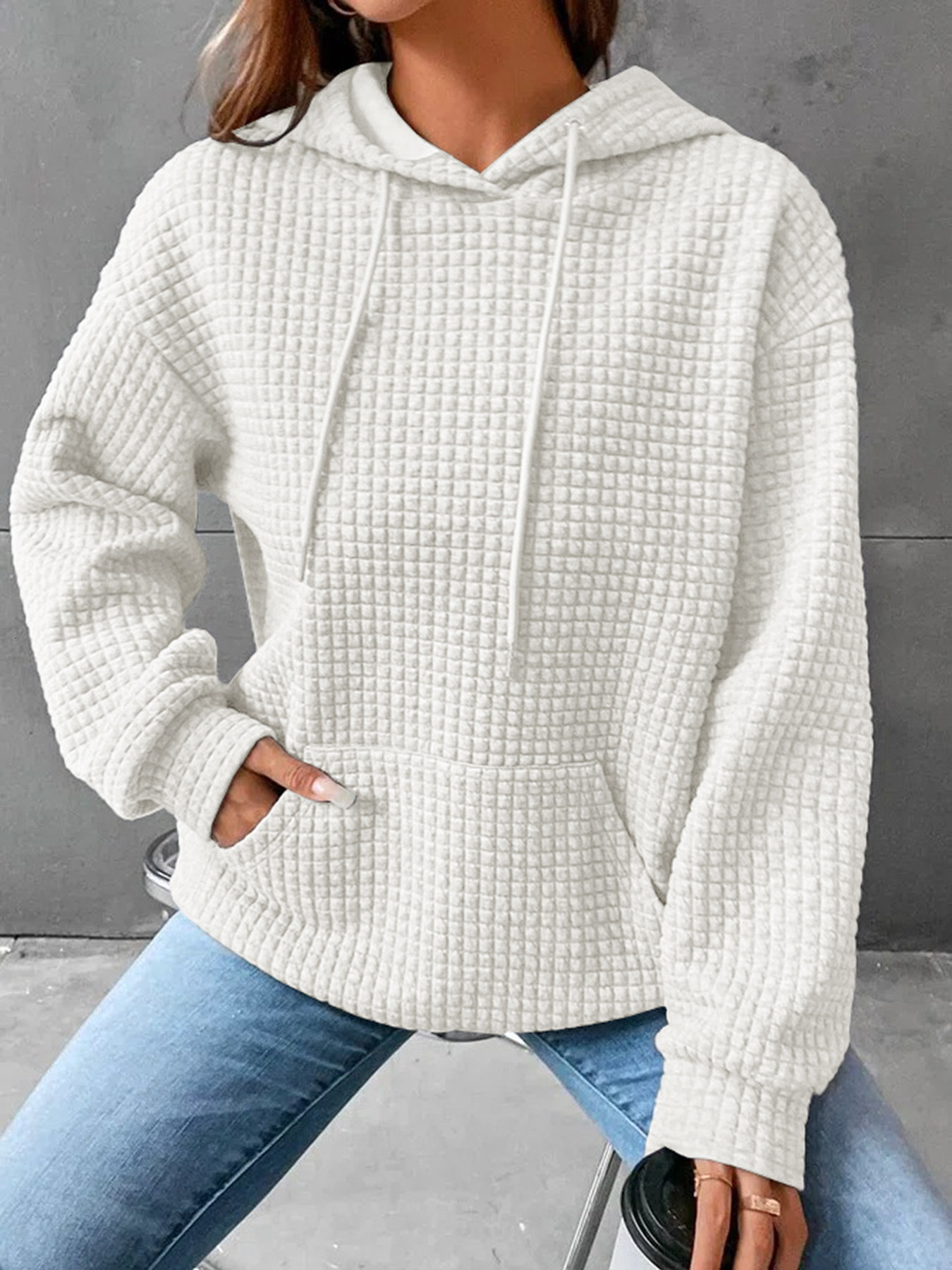 Autumn Winter Women's New Style Small Plaid Round Neck Hooded Long Sleeve Sweatshirt Solid Color Top for Women