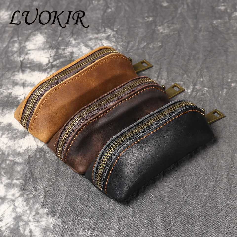 LUOKIR New Mens Genuine Leather Coin Purse Womens Crazy Horse Leather Key Pouch Multifunctional Cowhide Clutch Storage Bag Z251023