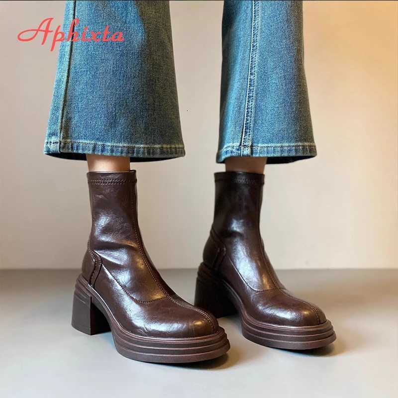 Aphixta Retro Chelsea Shoes Classic Woman Ankle Boots Square Heel Platform Boot Patent Leather Winter Black Ankle Boots W251024