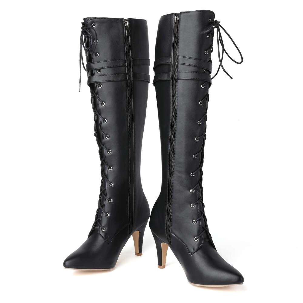 1Pr Women's Knee-High Boots Solid Color, Pointed Toe, Flare Heel, Zipper Closure, Man-Made Upper, Fabric Inner & Insole, Rubber Sole - Fashion Hi