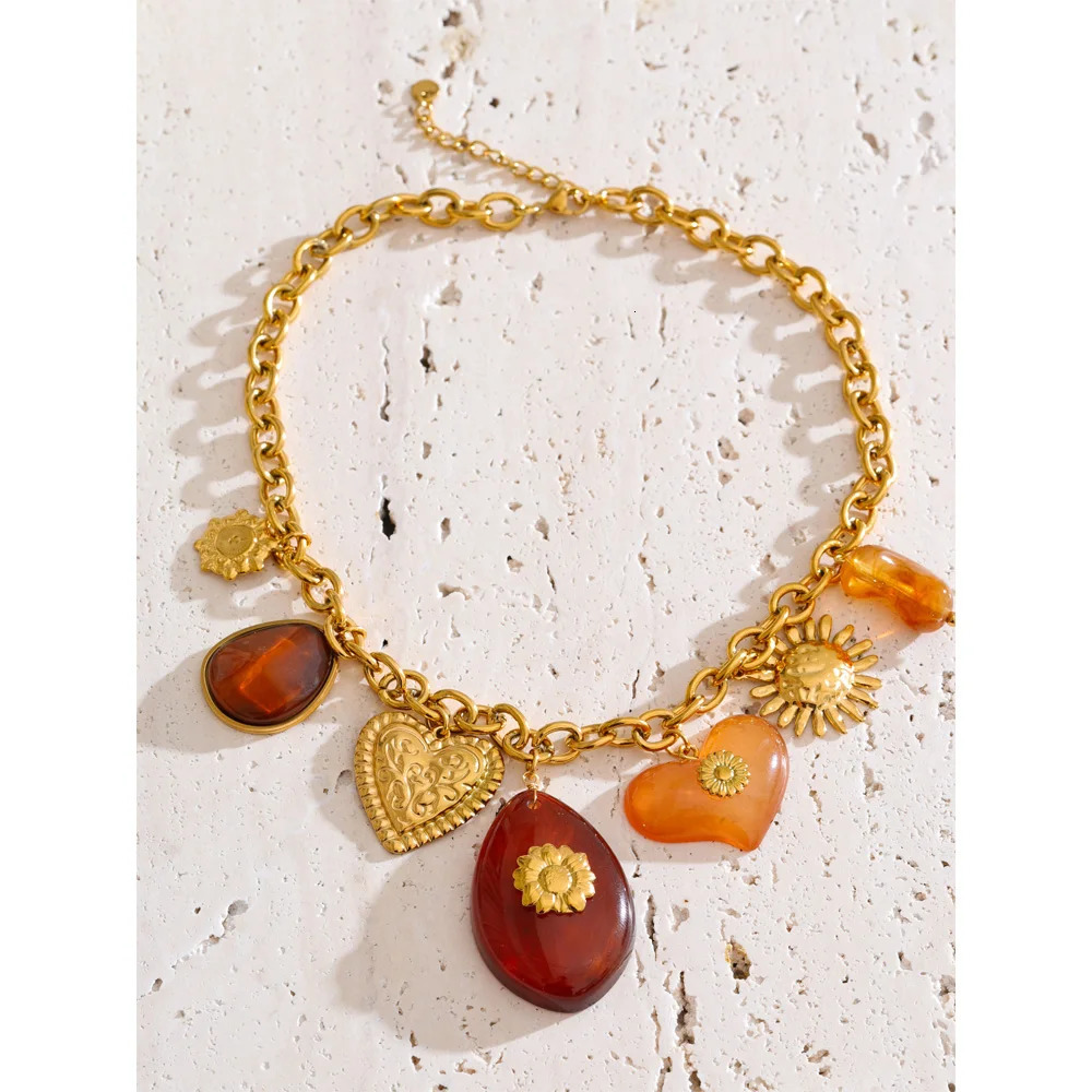 Yhpup Red Resin Oval Heart Sun Drop Necklace Golden 316L Stainless Steel Summer Charm Collar Jewelry Waterproof 2025 251016