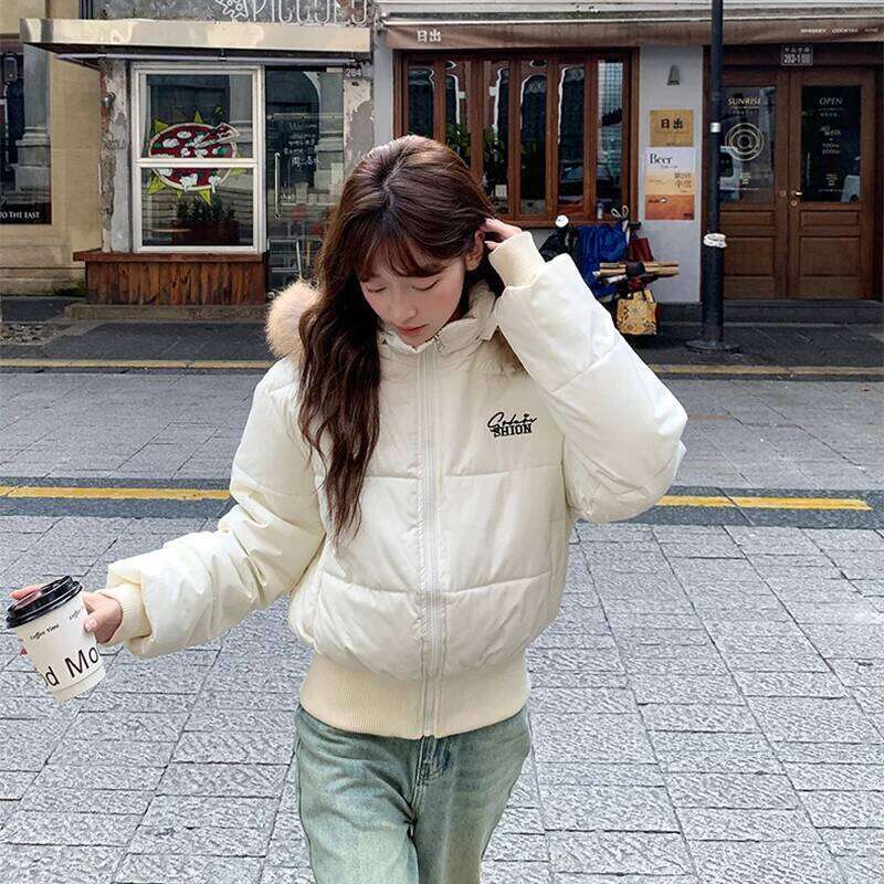 Winter Korean Street Fur Hooded Jacket Women Fashion All Match Puffer Down Cotton Parka Coat Cotton-Padded Cropped Parkas