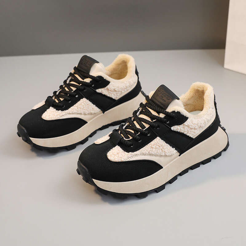 New Women's Winter Lamb Wool Thick Sole Height Increasing Warm Cotton Shoes Color Block Casual designer sneakers