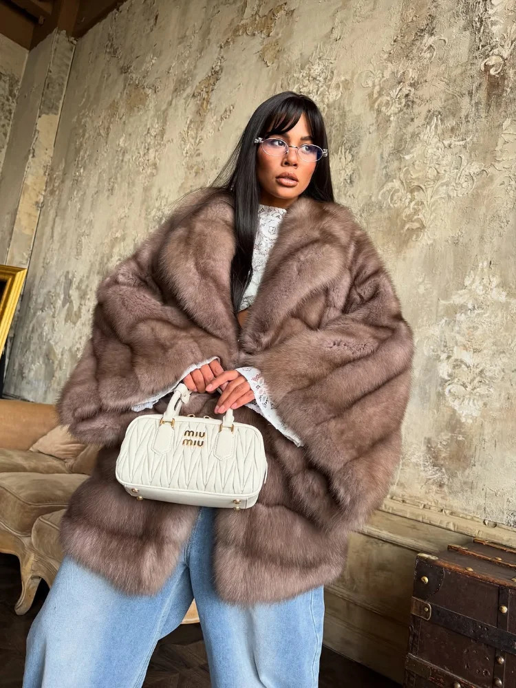 Women Elegant Fur Coat Bell Sleeve Lapel Suede Surface Girdle Coats Unique Temperament 2025 Winter High Street 251013