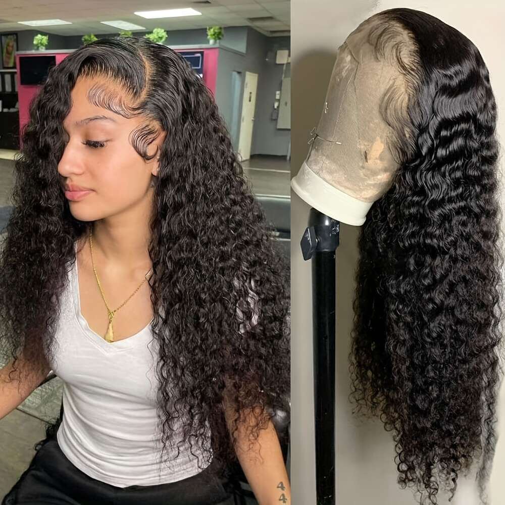 13x6 Wave Front HD Full Lace Frontal Wigs Pre Plucked Bleached Knots 250% Density Deep Curly Human Hair Wig Natural Color 8-36 Inch