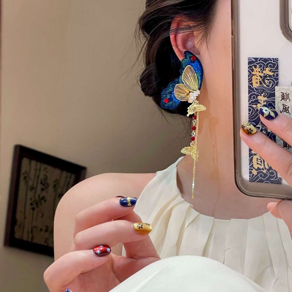 National Colorful Fantasy Exquisite Butterfly Tassel for Women New Chinese Style Embroidery Long Elegant Earrings