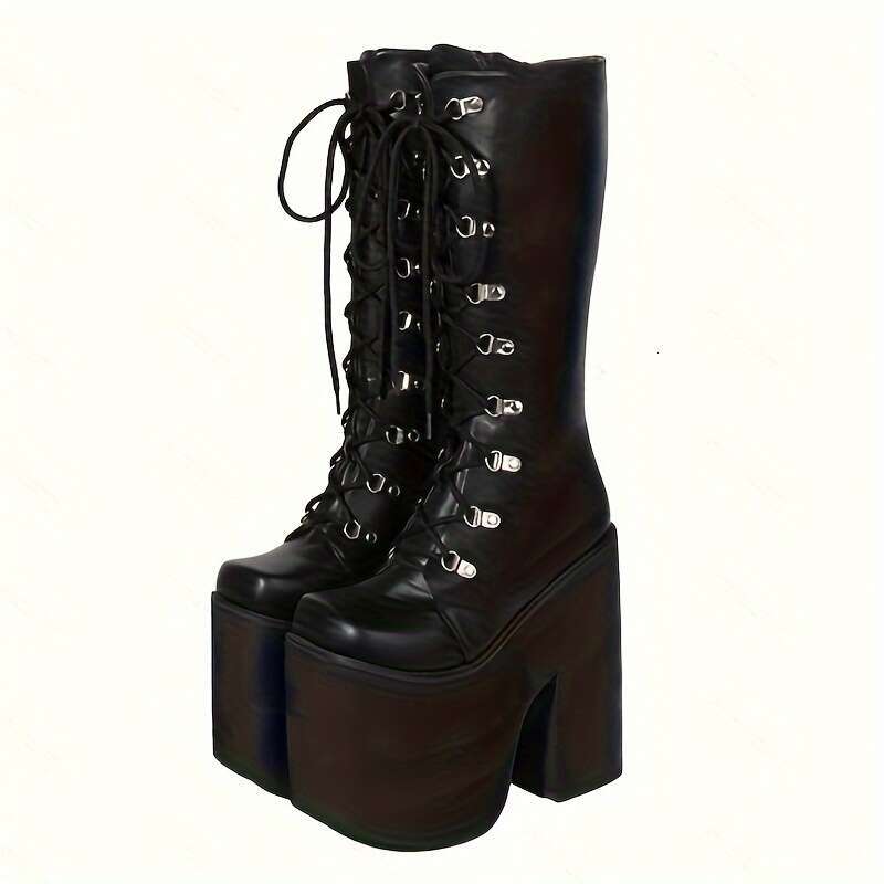 Women's Y2k Chunky Platform With Side Zipper Lace-Up Detail - Black Square Toe PU Cover High Heel Boots For Casual & Formal Wear, All-Season Comf