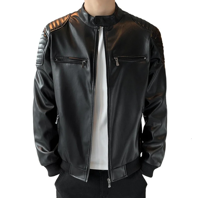 Autumn Stand Collar Leather Jacket Men Fashion Handsome Trend Solid Color Leather Jacket Youth Large Size Motorcycle Coat 251021