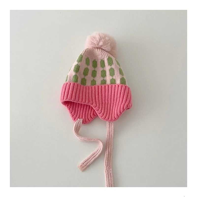 Korean Style Kids Knitted Hat with Straps Large Pom Colorful Checkered Earflap Beanie Boys Girls Autumn Winter Warm HatL251024