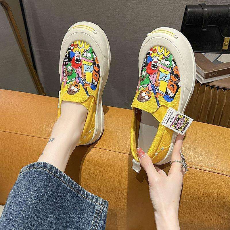Hand-painted Stylish Canvas Shoes for Women, Loafers, Open Smile Thick-soled Slip-on Shoes, Graffiti Sports Casual Sneakers