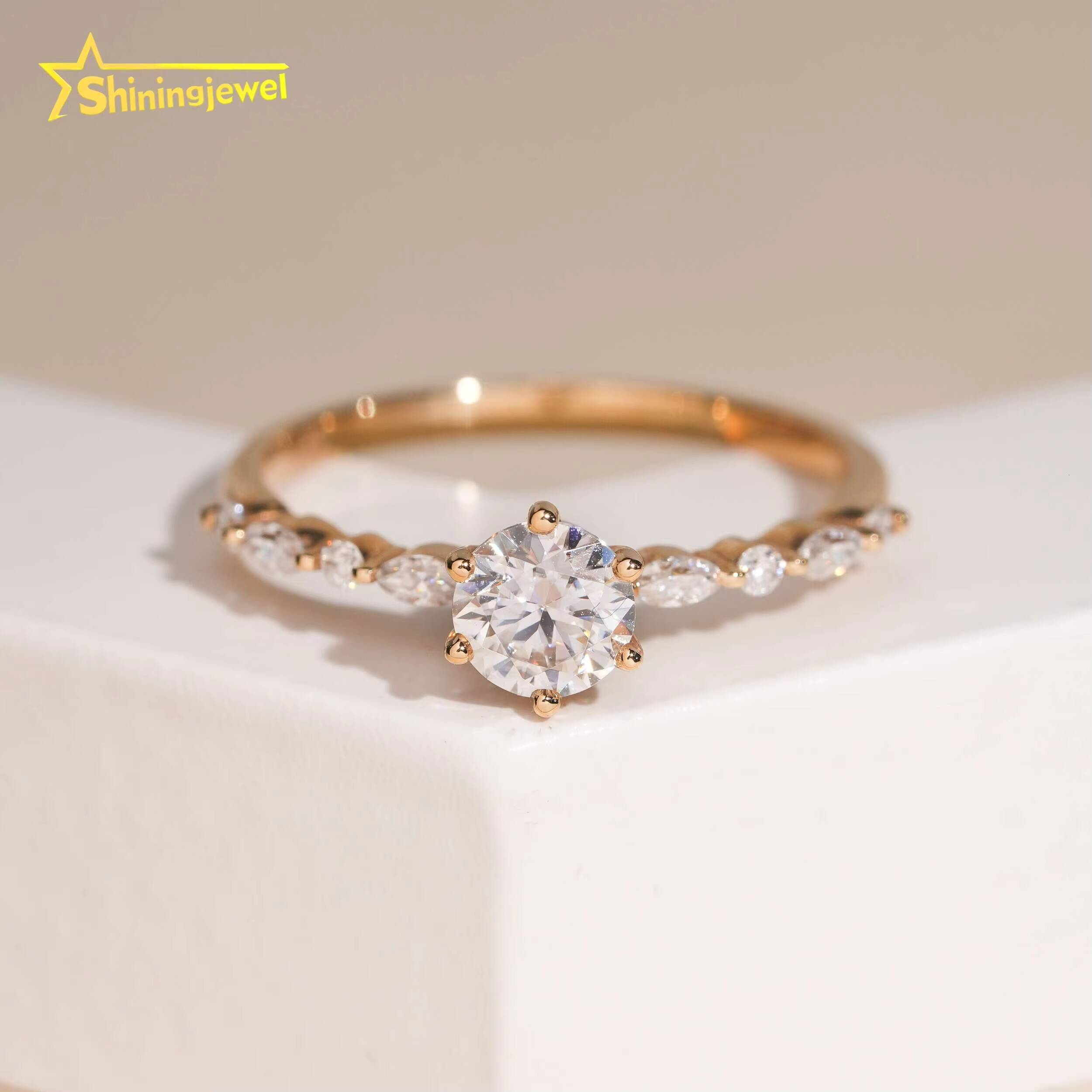 14K Solid Gold Fashion Women Ring Round Cut Moissanite Engagement Rings for Women Pass Diamond Tester