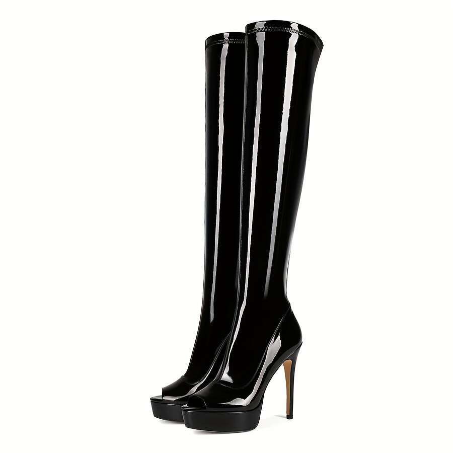 Women's Ultra-High Slip-On Glossy Black Evening Boots With Thick Heels, Slip-Resistant Rubber Sole Party, Formal, Everyday Extended Sizes Availab