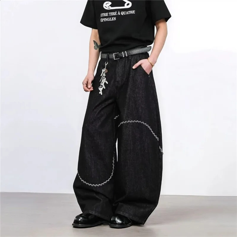 Mens Autumn Winter Korean Jeans Flared Slimming Black Embroidered Solid Denim Wide Leg Trendy n Pant Versatile 251018