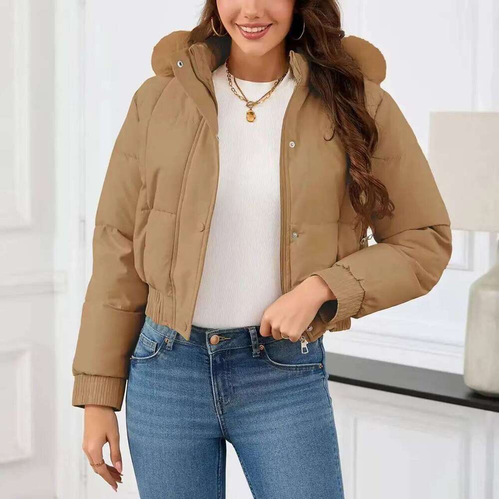 New Winter Warm Hooded Down Cotton Women Thickened Fleece Lining Big Fur Collar Long Sleeve Short Parkas Jacket Coat