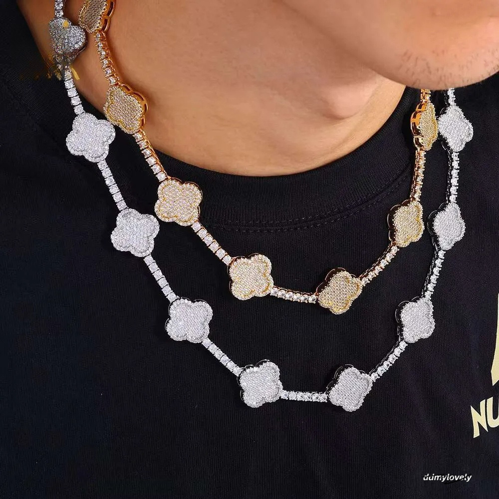 Hip Hop Fine Jewelry Four-Leaf Clover Tennis Necklace Women Gold Plated 3A Zircon Iced Out Bling Dia Chain Ddmylovely