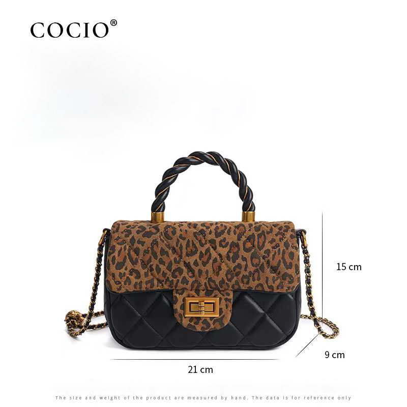 COCIO designer bag 2025 genuine leather new winter trendy and versatile leopard print diamond grid large capacity commuting tote bag for woman khaki b