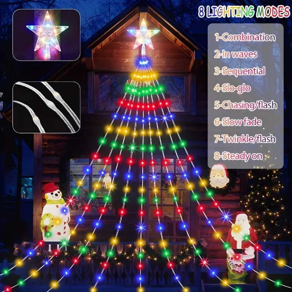 1PC Fivepointed Star Waterfall Lights USBSolar Powered Christmas String Lights for Christmas Party Halloween Home Decor C251024
