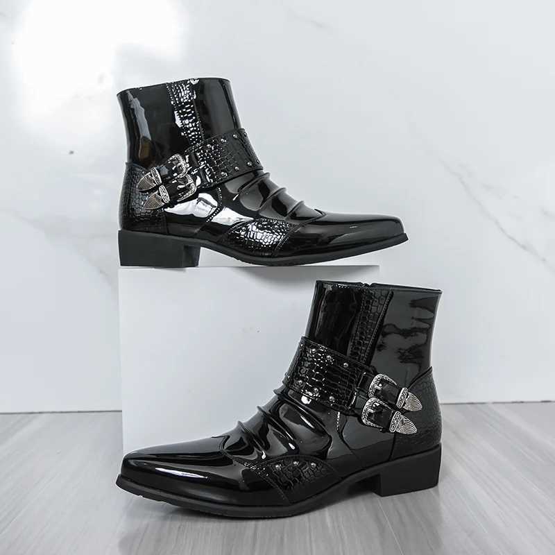 Fashion Designer Mens Business Ankle Boots Shiny Leather Chelsea Boots Leisure Walk Male Short Botas Versatile High Top Shoes W251024