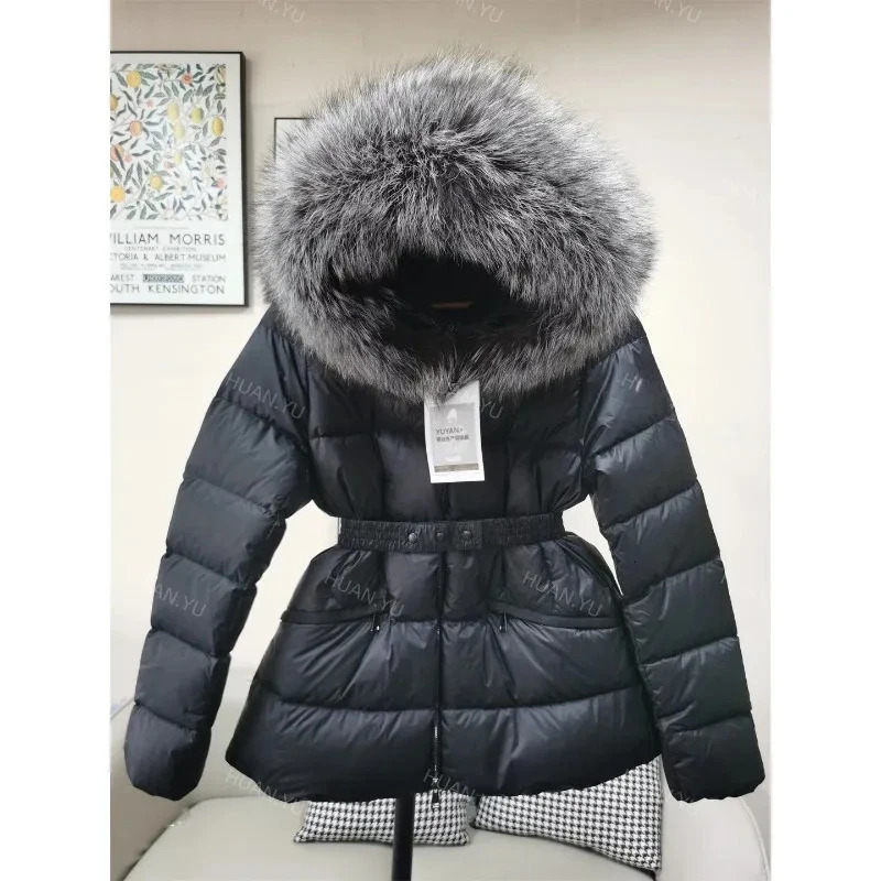 Womens Models Fall Winter Tops Coat Down Jacket Hooded Waisted Fox Fur Collar White Duck Down Innerwear Round Collar Warm Soft 251024