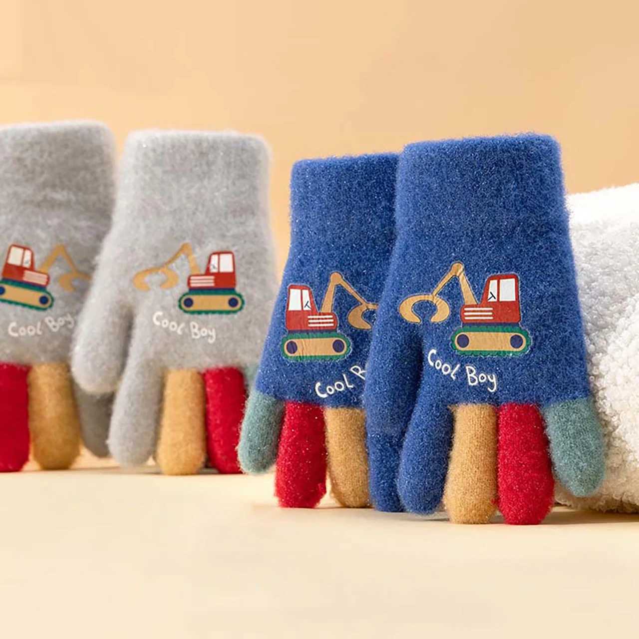 Cartoon Excavator Children Gloves Autumn Winter Knitted Warm Full Finger Gloves Windproof Outdoor Kids Boys Mittens Y251024