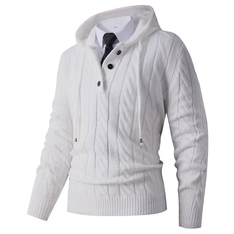 Twisted Ribbed Autumn Winter New Men's Casual Simple Pullover Men's European and American Fashion Button Hooded Knit Sweater
