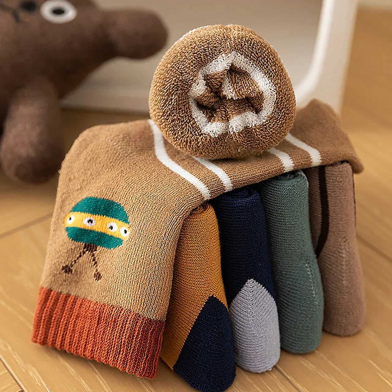5PairsSet Cartoon Baby Boy Socks Winter Thick Warm Terry Sock Cute Striped Print Children Mid Tube Socks J251024