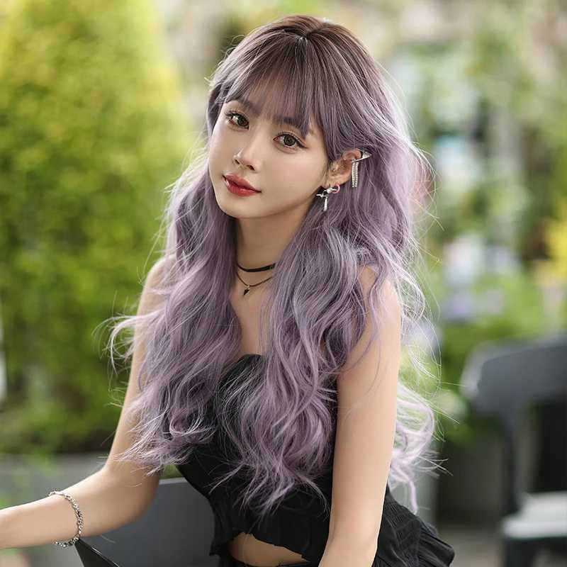 NAMM Long Wavy With Bangs Part Ash Ombre Wig for Women Daily Party High Density Layered Body Wavy Hair Wigs W251023