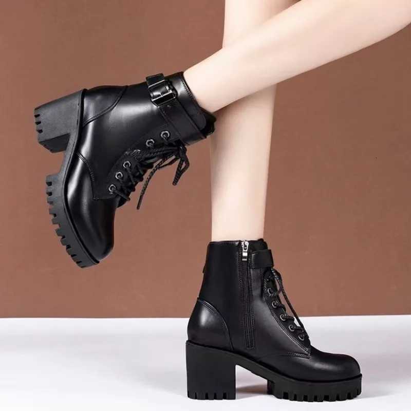 Winter Womens Boots 2025 New Lace Up Boots for Womens Fashion Thick Heel Side Zipper Ankle Boots Warm Female Motorcycle Shoes W251024