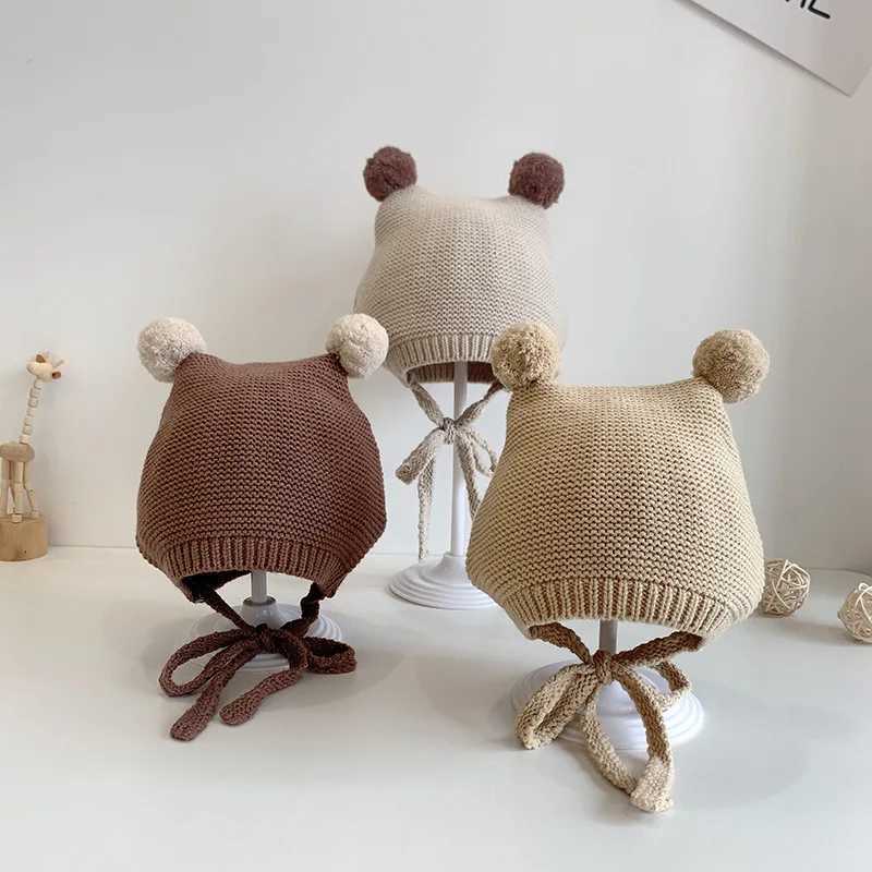 Cartoon Double Pompom Baby Hat Winter Warm Soft Knitted Kids Beanie Hats Solid Color Ear Protection Infant Children CapsL251024
