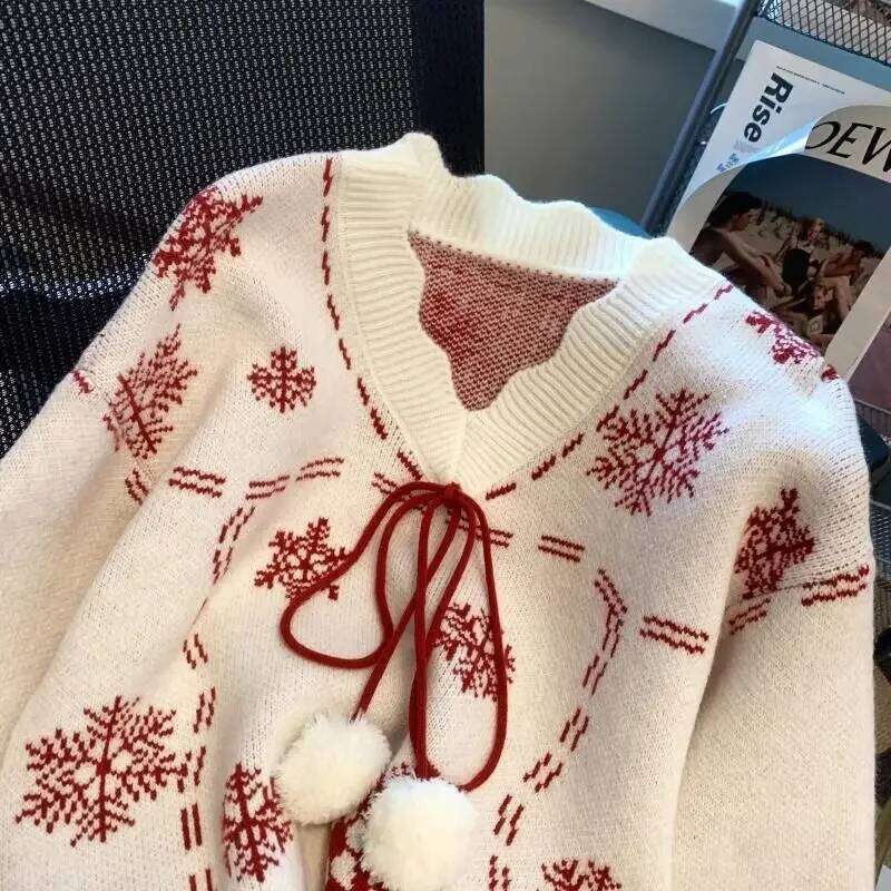 Christmas Knitted Sweaters For Women Vintage Fashion Long Sleeve Jumpers Print Loose V Neck New Autumn Winter Pullovers