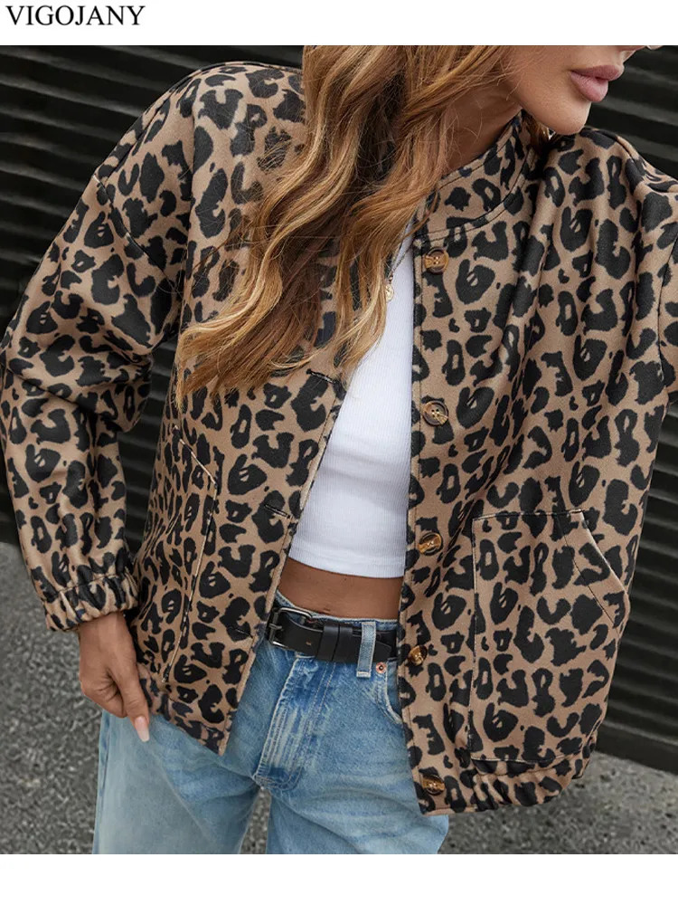 2025 Women Autumn Winter Short Coat Brown Leopard Print Jacket Single Breasted Long Sleeve Lady Pocket Casual Outwear 251015