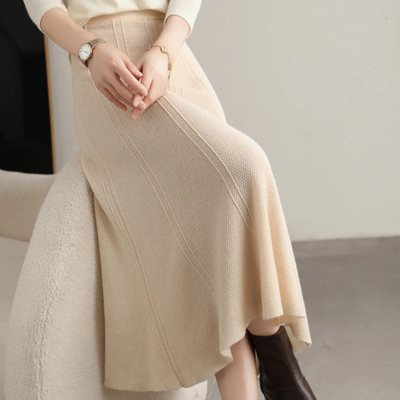 100 Pure Wool Knitted Skirt Womens Autumn And Winter MidLength High Waist Hip Long Slim Cashmere Umbrella 251017