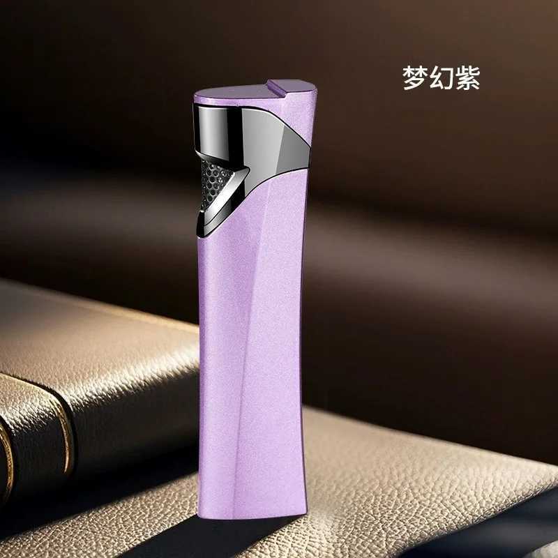 New Streamlined Long Windproof Lighter Compact Metal Brushed Inflatable Straight Jet Cigarette Lighter Smoking Accessories D251024