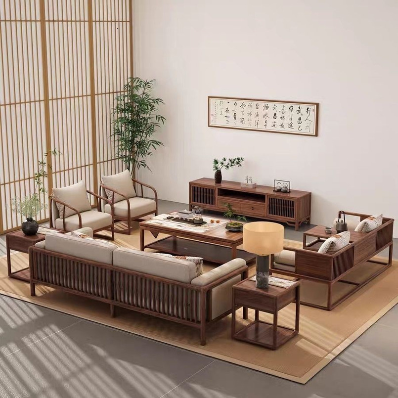 Black Walnut Solid Wood Sofa New Chinese Style Modern Minimalist Song Dynasty Aesthetic Living Room Large Apartment Combination Furniture