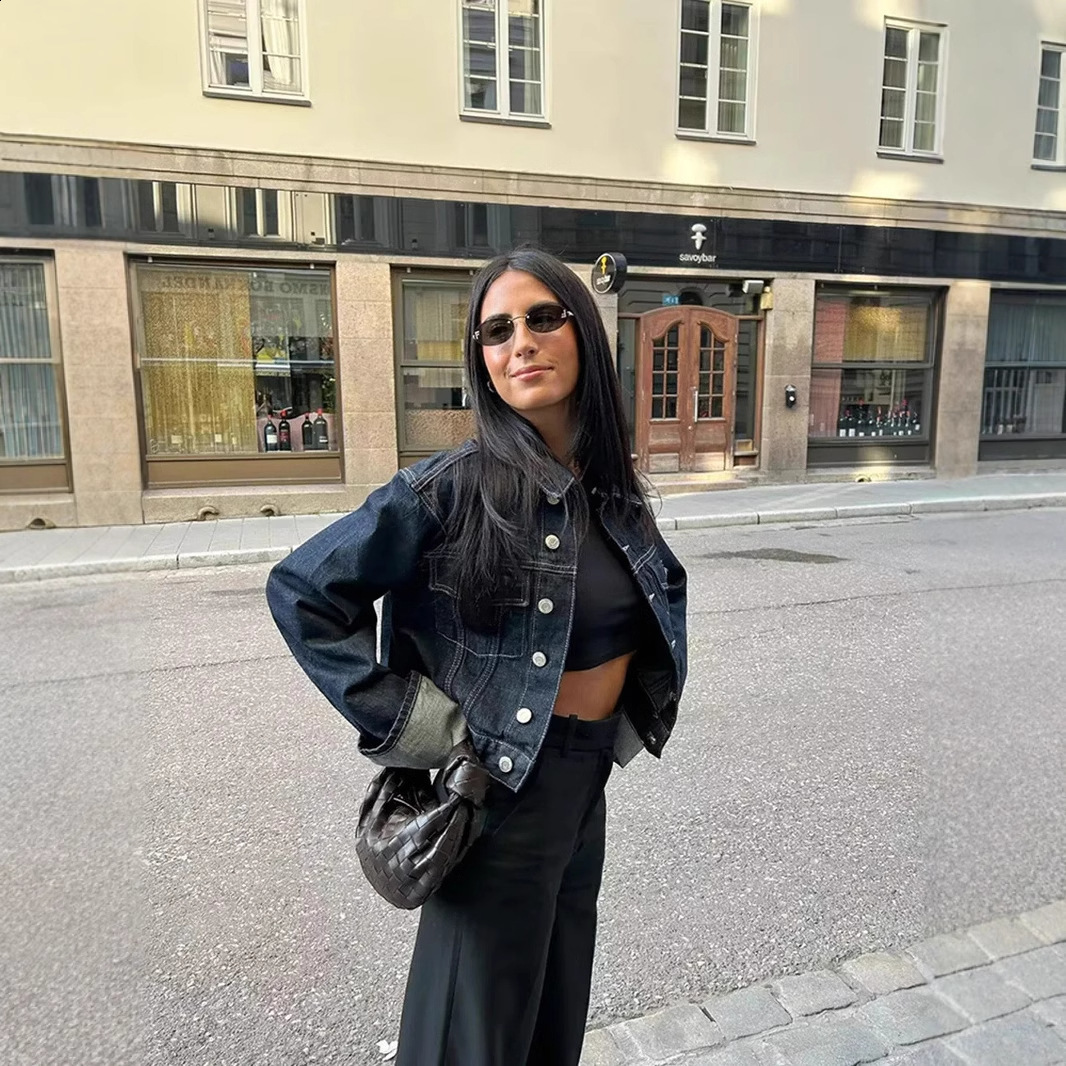 Waist Cinching Split Top Single Breasted Slim Flared Pants Woman Sets Patchwork Jeans Flounce Denim Jacket Casual Womens Suits 250827