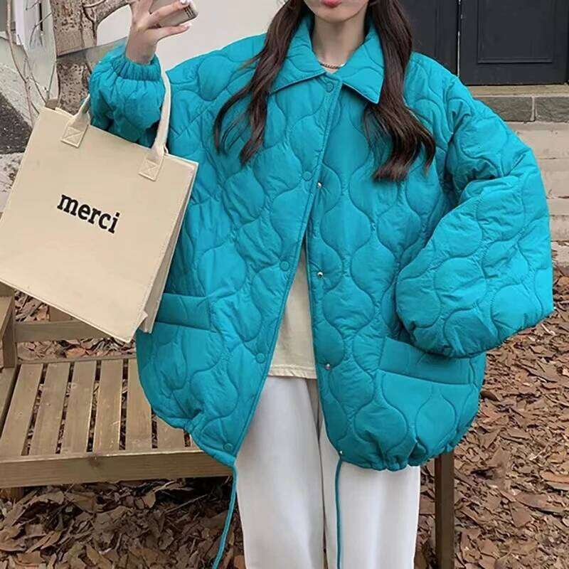 Autumn Winter Vintage Loose Wool Rhombus Cotton-Padded Jacket Parkas Women Sweet Pocket Solid Long Sleeve Coat Warm Outerwear