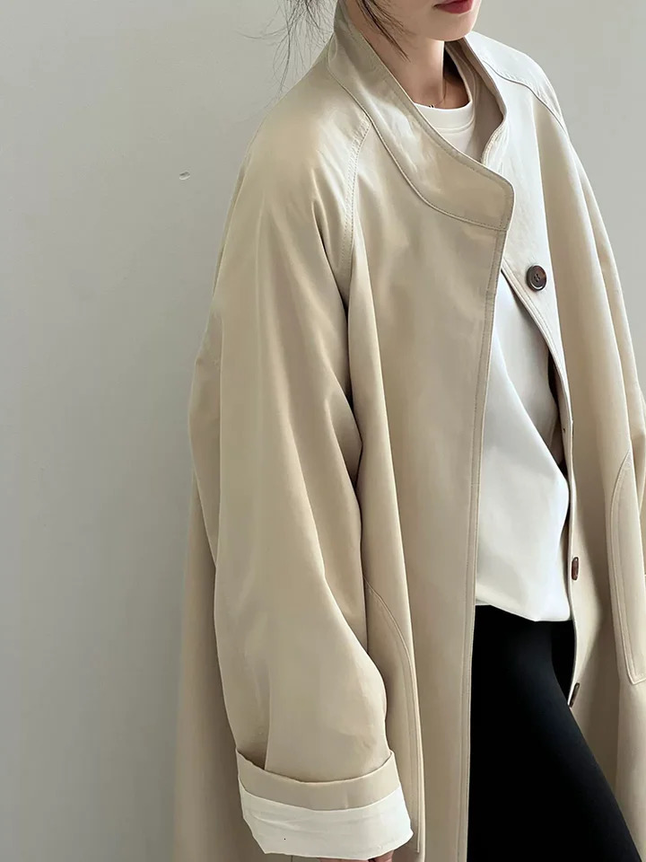 Baggy Stand Collar Trench Coat Elegant Womens Casual Loose Casaco Outerwear Korean Fashion Single Breasted Parkas Abrigos 251021