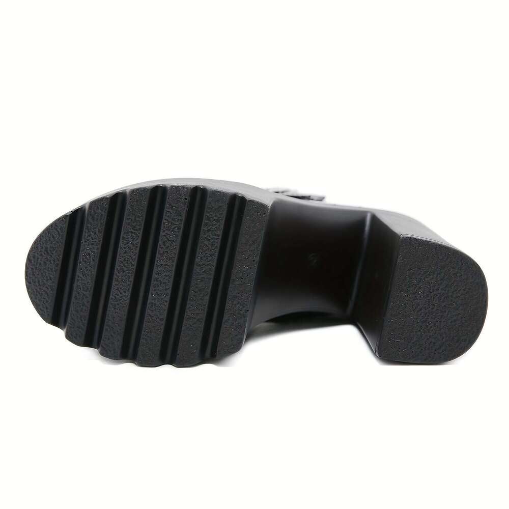 Women's Black Mary Jane High Heels With Heart Laces - Stylish, All-Season, Round Toe, Block Boots, Rubber Sole, Polyurethane Upper, Inner & Insol