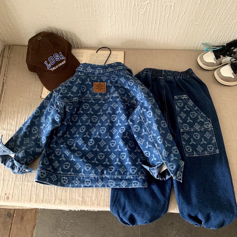 Free Shipping 2025 kids clothing designers Boys Denim Set 2-Piece, Jacket with Straight Leg Pants, Spring Autumn Casual Outfit for Kids