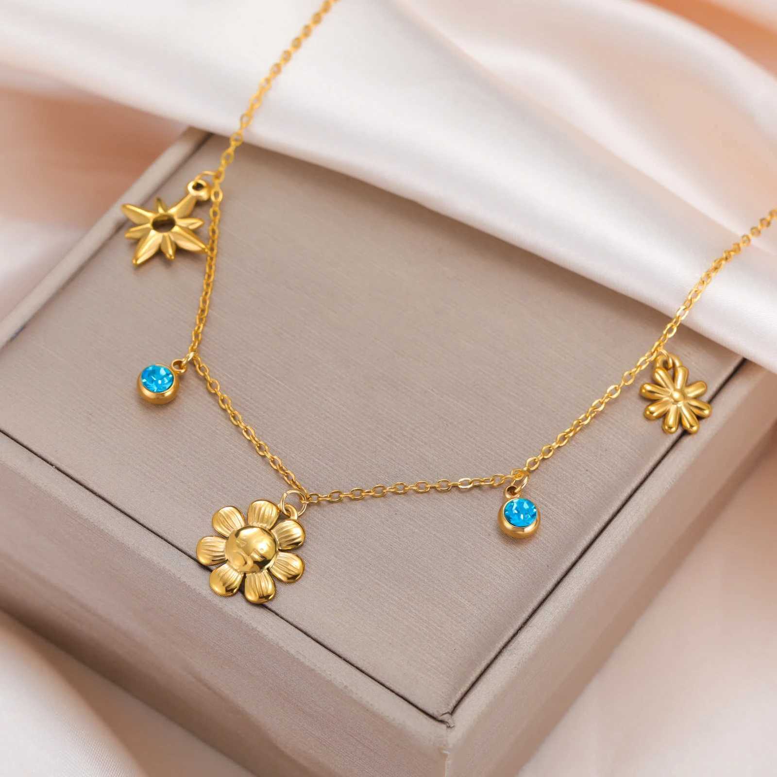 Cazador Flower Star Blue Color Clear Zircon Womens Necklaces Stainl Steel Jewelry 2025 Choker Chain Party Birtay Gifts NewXJ251024