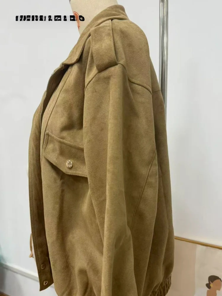 Chic Suede Bomber Jackets Women Loose Lapel Zipper Long Sleeve Pockets Female Coats 2025 Autumn Lady Commute Outwear New dongdumaoyi