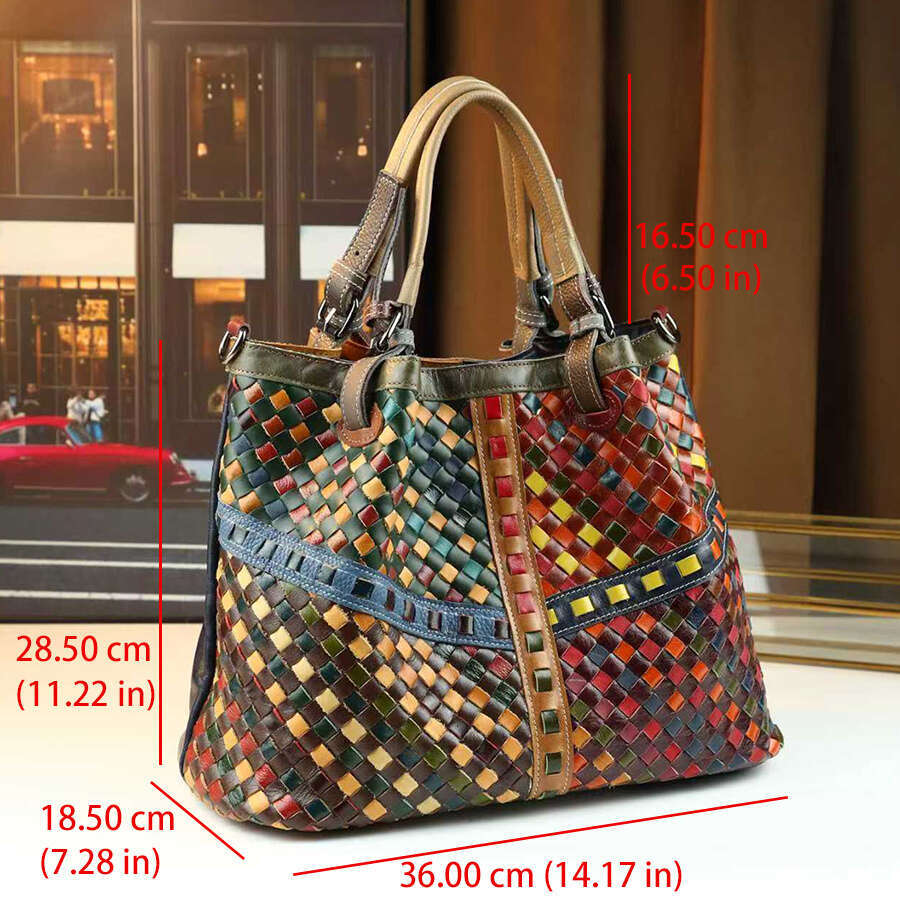 Mindya Wo 'S Genuine Leather Handbag Large Capacity Multicolor Woven-Style Tote With Golden-Tone Hardware, European-Inspired Cowhide Handbag Grai