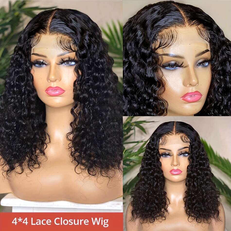 4x4 Brazilian Deep Wave Curly Bob Wig - Pre-Plucked Human Hair with Lace Closure, 150% Density, Natural Black Women, Versatile Style for All Ethniciti