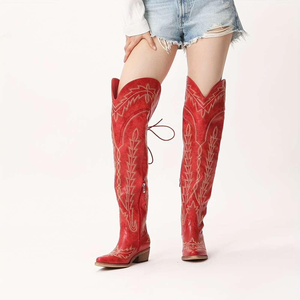 Women's Western Cowgirl Thigh-High Cowboy - Embroidered Chunky Heel With Back Lace-Up, Side Zipper & Studded Detailing, Pointed Toe Faux Cover Bo